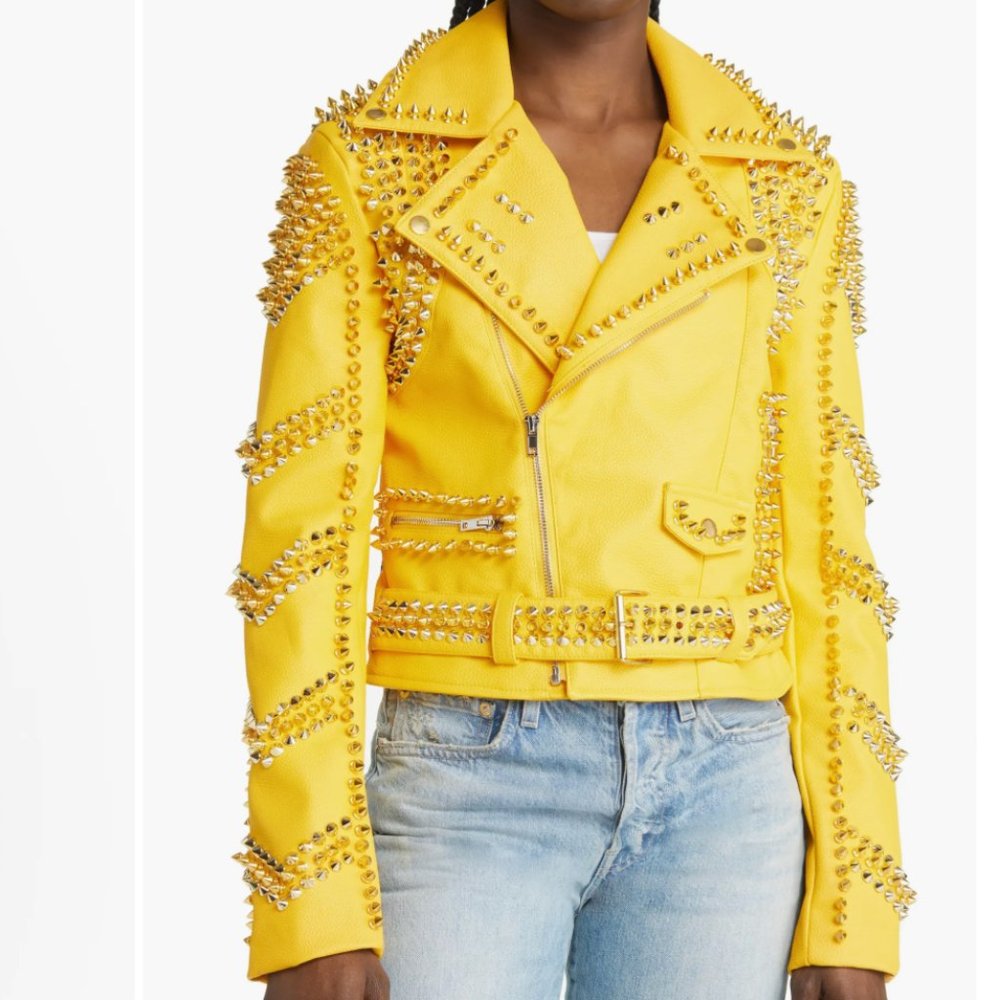 Callie Lives Stasia Dreamin: Azalea Wang Yellow Winter Gold Spiked Moto Jacket L - Picture 5 of 7